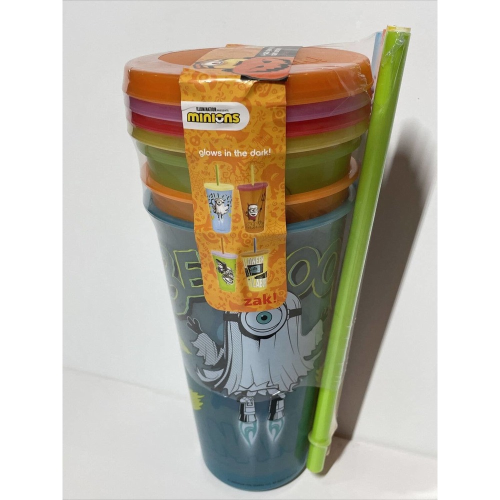 Zak! Minions Halloween 4 Pack Glow In The Dark Tumblers with Lids NEW SE…